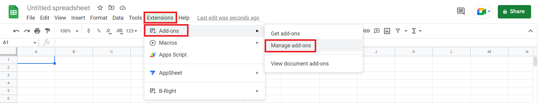 Extensions menu
